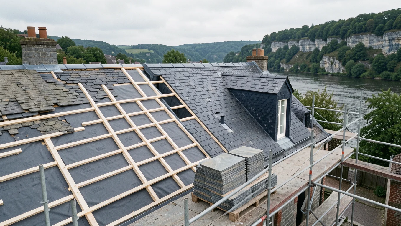 Toiture en cours de réfection, liteaux neufs et sous-toiture posés