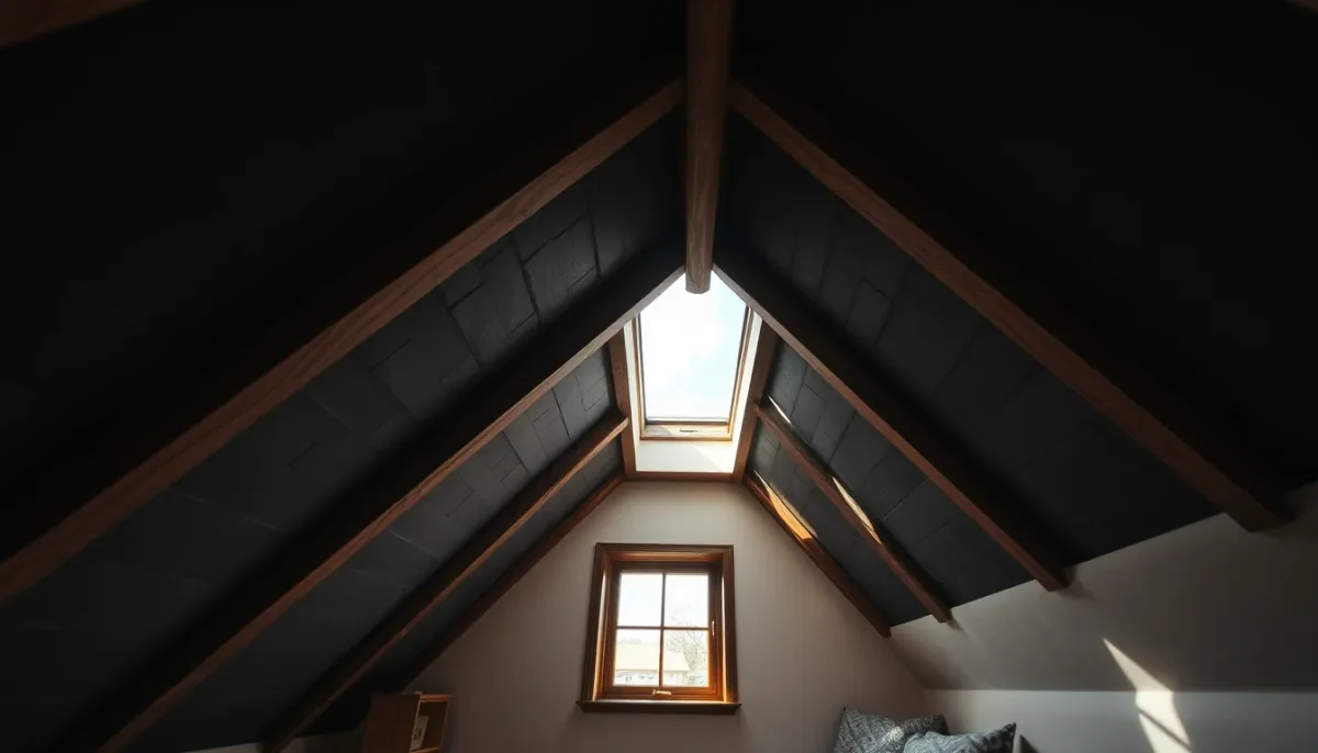 Intérieur de combles aménagés sous une toiture en ardoises, avec lumière naturelle