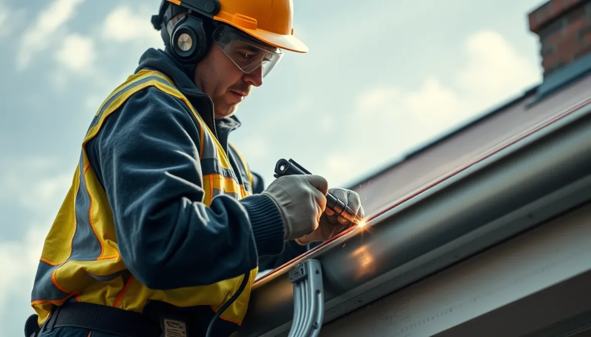 Professionnel zingueur réparant une gouttière en zinc sur un toit