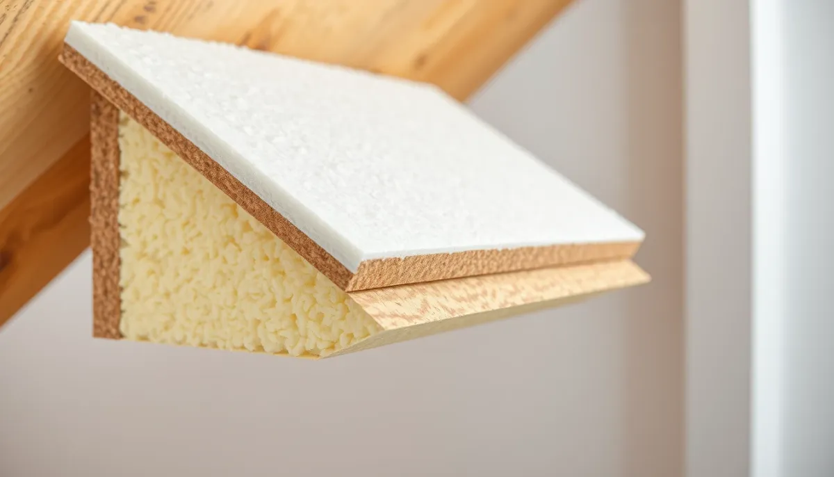 Coupe technique d'une toiture isolée montrant laine minérale, polyuréthane et fibre de bois