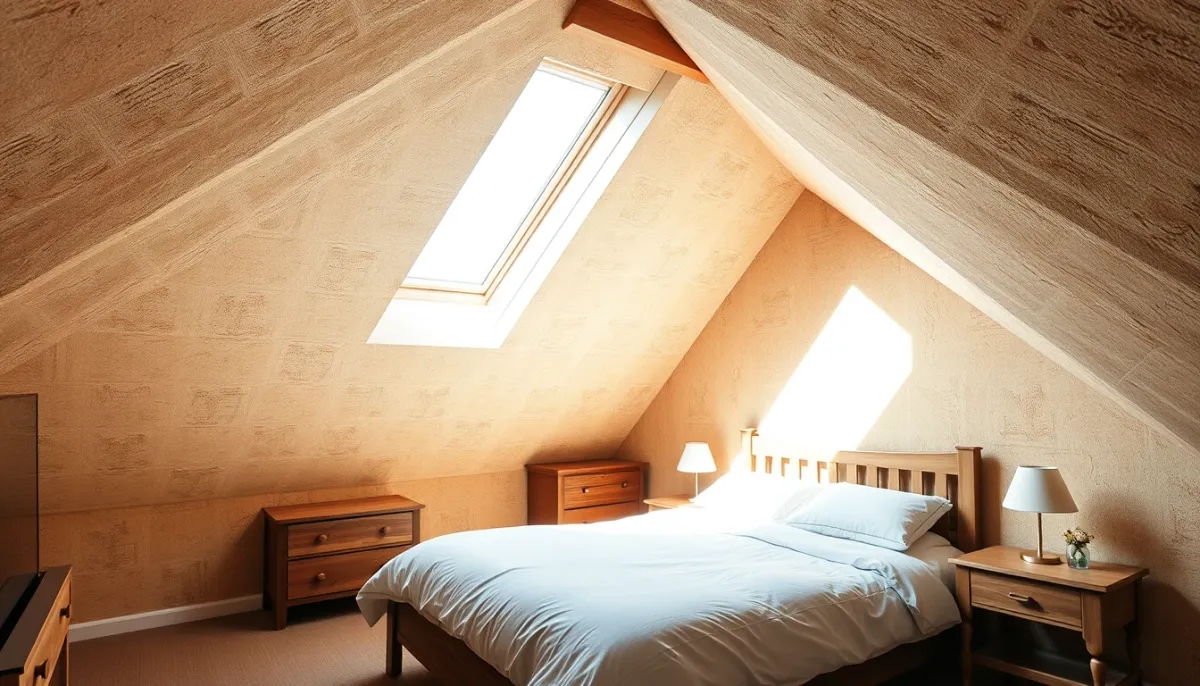 Chambre sous comble confortable avec isolation épaisse et lumière naturelle