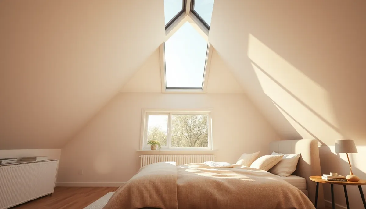 Chambre sous combles baignée de lumière naturelle grâce à une grande fenêtre de toit