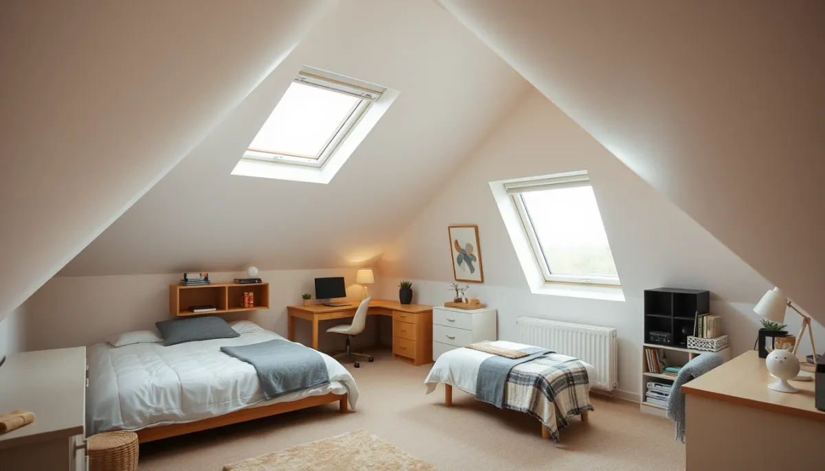 Chambre sous combles aménagée avec une fenêtre de toit de taille moyenne
